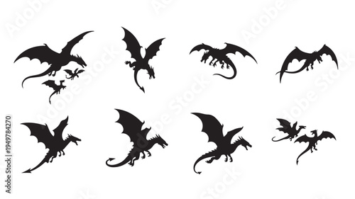 Flying dragons in various poses and sizes are depicted in silhouette against a white background.