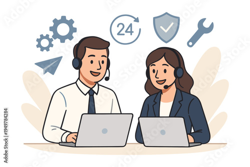 Customer Support Team Working Together Using Computers and Headsets, Flat Vector Illustration