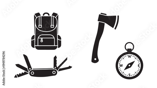 Hiking gear including backpack, axe, compass, and multi-tool on display.