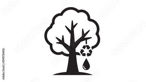 An illustration of a tree with a recycling symbol and a water droplet represents environmental conservation.