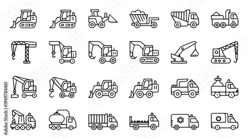 A Comprehensive Collection of Construction Vehicle Icons in Black and White Line Art