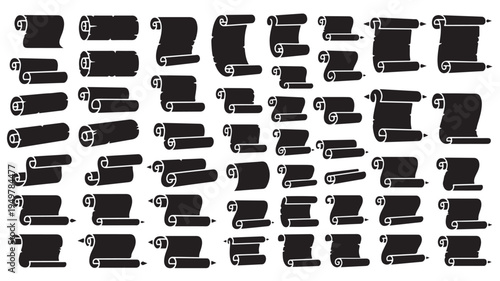 A collection of assorted cylindrical black objects with metal parts arranged in rows on a white surface.
