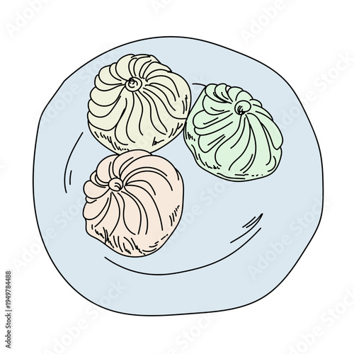 Hand-drawn vector illustration of three khinkali dumplings on a plate in doodle style, Traditional Georgian cuisine snacks