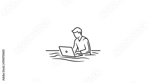 Man working on laptop in rising floodwaters with worry