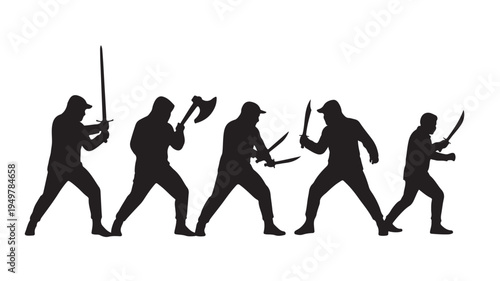 Five silhouettes of people fighting with swords and axes in various combat positions.