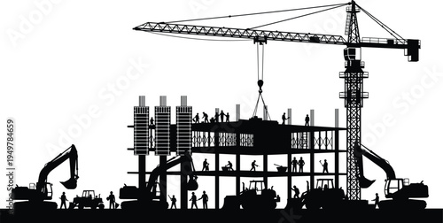 Silhouette of busy construction site with tower crane workers building modern concrete structure excavators and heavy machinery on urban development project industrial skyline