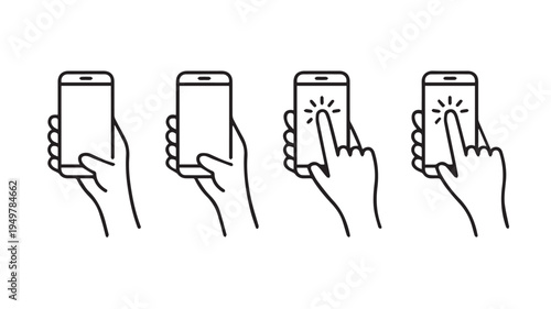 A set of four black and white line art illustrations depicting hands interacting with a smartphone, showcasing hold and tap gestures for mobile technology and digital interface navigation