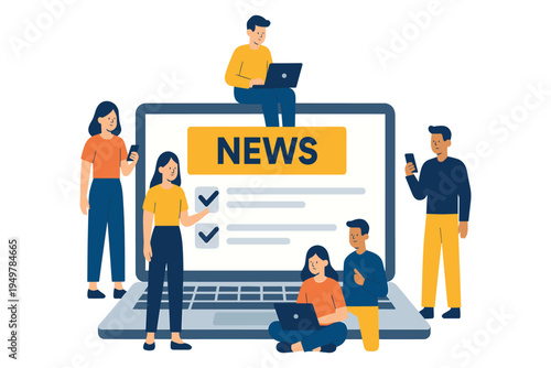 Group of people reading and sharing online news on laptop and mobile devices together, flat vector illustration