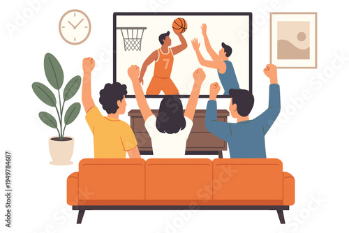 Group of friends cheering and watching basketball game on television at home living room, flat vector illustration