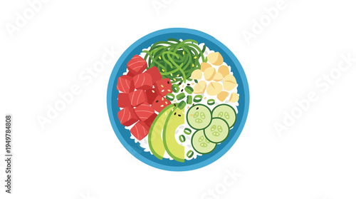 A vibrant bowl of sliced cucumbers, tomatoes, and vegetables, served with a side of rice.