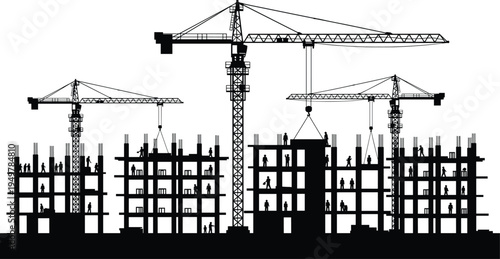 Silhouette urban construction site with tower cranes and workers building multi story residential structures, city infrastructure development, civil engineering and industrial building project concept