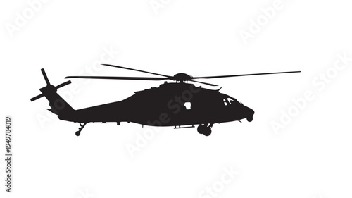 A black helicopter silhouette flies through a clear sky with rotors spinning.