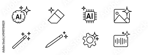 Artificial Intelligence Icons Set – AI Chip, AI Brain, AI Gear, AI Pencil, AI Eraser, Machine Learning, Technology Line Icons