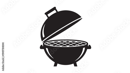 A barbecue grill with its lid open sits on a plain surface outdoors.