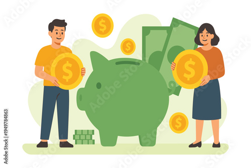 Man and woman saving money by putting coins into piggy bank together, flat vector illustration