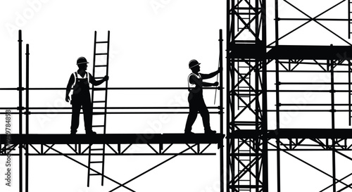 Construction workers silhouette on scaffolding site with ladder and crane structure building industry engineering professional labor architectural vector illustration collection