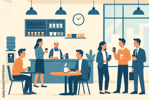 Office Workers Enjoying Coffee Break and Talking Together in Cafeteria, Flat Vector Illustration