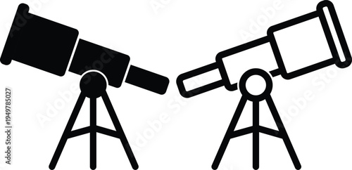 A minimalist black and white graphic illustration featuring two side by side telescope icons