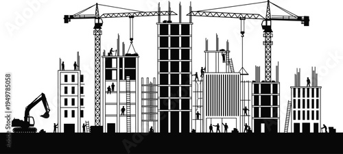 Urban construction skyline silhouette with tower cranes, excavator and workers building modern city buildings, infrastructure development and civil engineering project concept