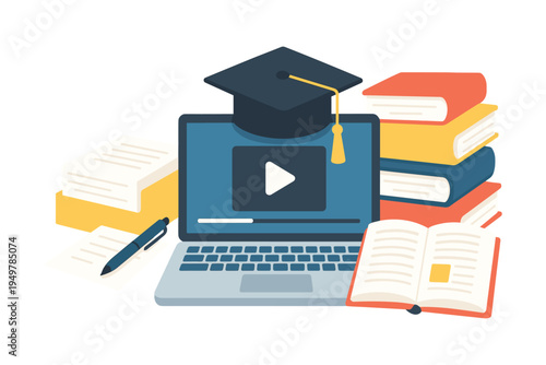 Online Education and Digital Learning Concept with Laptop Books and Study Materials, Flat Vector Illustration