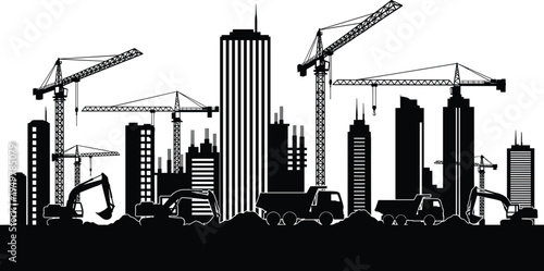 Urban construction skyline silhouette with tower cranes, excavators and trucks building modern city skyscrapers, infrastructure development, heavy machinery and engineering industry concept