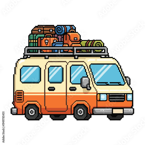 Pixel art camper van with luggage on roof rack