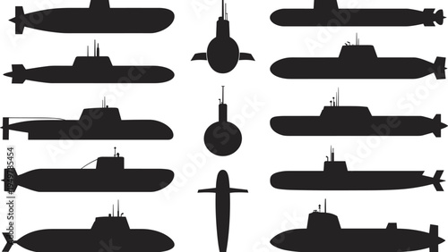 Submarine silhouettes collection, naval vessel designs, underwater military technology, marine engineering concept, defense fleet icons, flat vector illustration, cad drawing