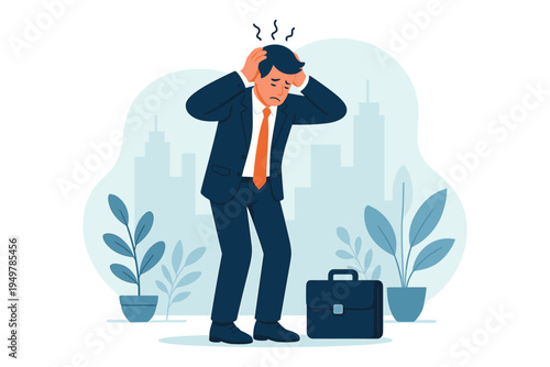 Stressed Business Man Holding Head While Facing Work Pressure, Flat Vector Illustration