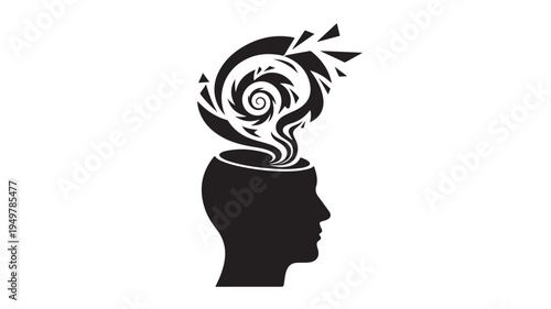 A person's head with swirling emotions and thoughts emerging from it in profile view