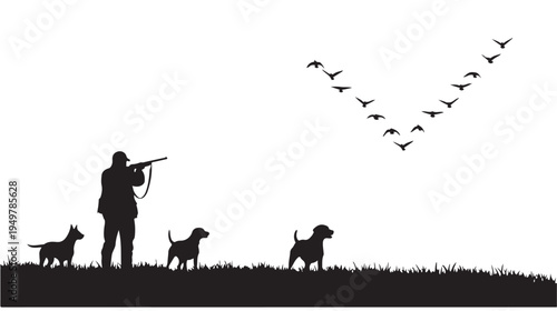 A man stands on grass with dogs, aiming a rifle as birds fly overhead.