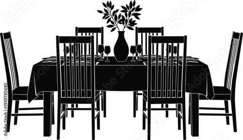 Dining table with chairs silhouette set with vase plant and wine glasses for restaurant interior furniture home decor vector illustration