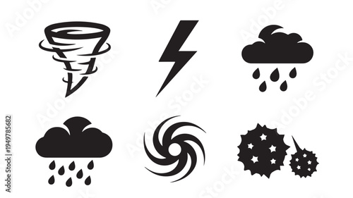 Weather icons show stormy conditions with tornado, lightning, and rainy clouds.