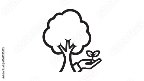 A hand holds a small plant next to a large tree outdoors.