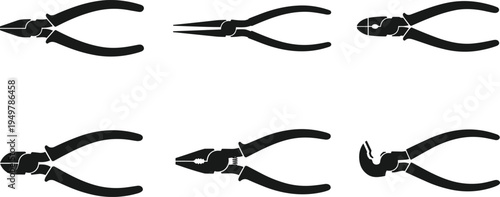 Black Silhouette Vector Set of Professional Pliers Including Needle Nose Lineman Diagonal Cutters and Wire Strippers for Electrical Work Mechanical Repair and Industrial Maintenance Projects