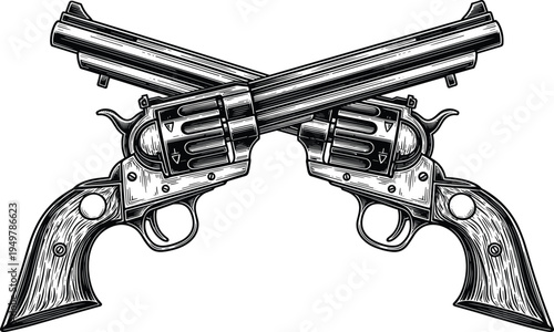 Crossed vintage revolvers vector illustration, black and white engraving style pistols sketch, wild west guns graphic design isolated element concept