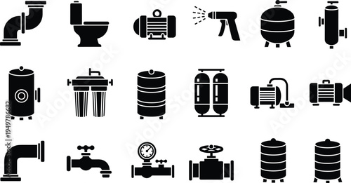 Plumbing and Water System Icon Set Featuring Pipes Toilet Water Filter Pressure Gauge Pump Valve Tank and Spray Nozzle in Solid Black Glyph Style