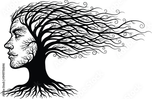 Black and white tree with human face profile vector illustration, branches like flowing hair, mother nature ecology graphic design concept