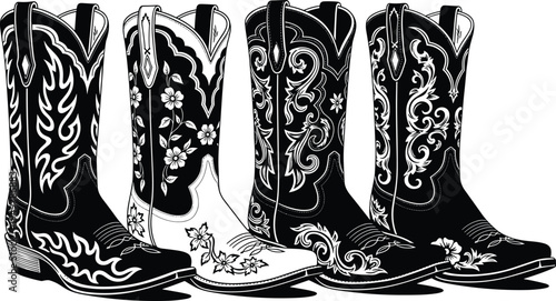 Black and white western cowboy boots vector illustration, decorative country cowgirl footwear with floral embroidery patterns, isolated graphic design element