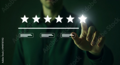 A person interacting with a glowing rating system interface with five stars
