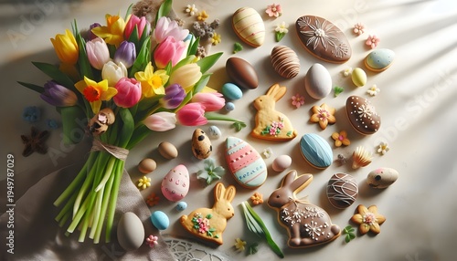 Cheerful Easter composition featuring colorful tulips chocolate eggs and bunny cookies on a wooden table.