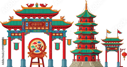 Illustration depicts a colorful guard gesturing stop at a traditional Chinese architecture landmark.