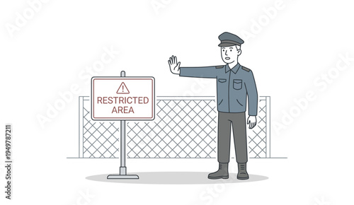 Security guard waving to stop entry near a restricted area sign