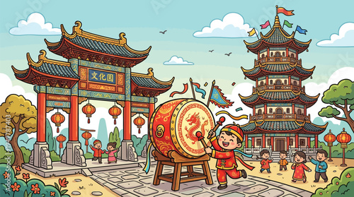 Cartoon children play with giant drum in front of traditional Chinese temple