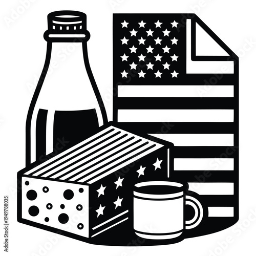 Black and white of cheese wedge bottle and coffee mug with American flag