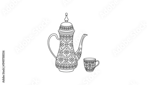 traditional arabic dallah coffee pot and cup with ornate patterns, vector line art design. middle eastern hospitality drink symbol, arabian coffee culture concept, decorative islamic ornament style il