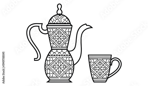 traditional arabic dallah coffee pot and cup with ornate patterns, vector line art design. middle eastern hospitality drink symbol, arabian coffee culture concept, decorative islamic ornament style il