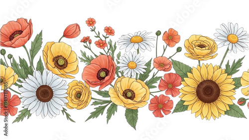 Vibrant floral arrangement of sunflowers, daisies, poppies, and leaves on display