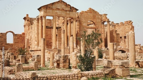 Ruins of ancient Roman capitol forum on territory of antic city of Sufetula in area of modern Tunisia. Half-destroyed buildings from time of Roman Empire. Roman Forum of Sufetula