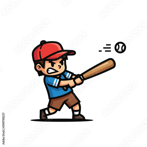 Cartoon boy playing baseball swinging bat at ball