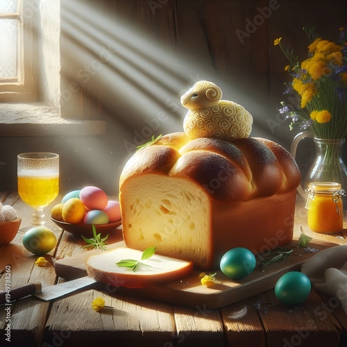Warm indoor Easter table setting featuring sheep bread and colorful eggs for festive spring decor.